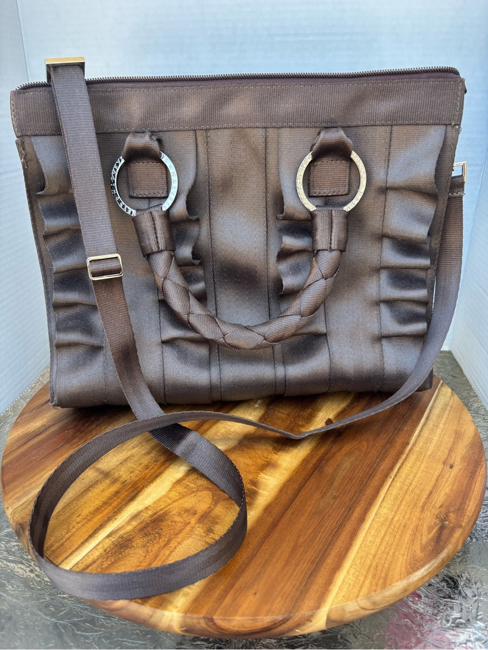 HARVEYS Original Seatbelt LOLA Ruffled Brown Satchel with Braided Handles